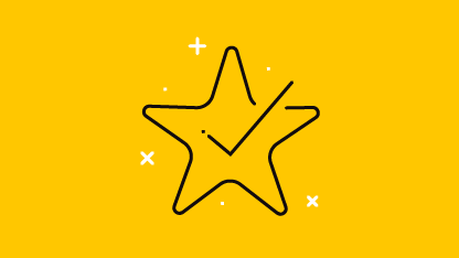 Gul baggrund med en stjerne ovenpå og et flueben-symbol indeni.