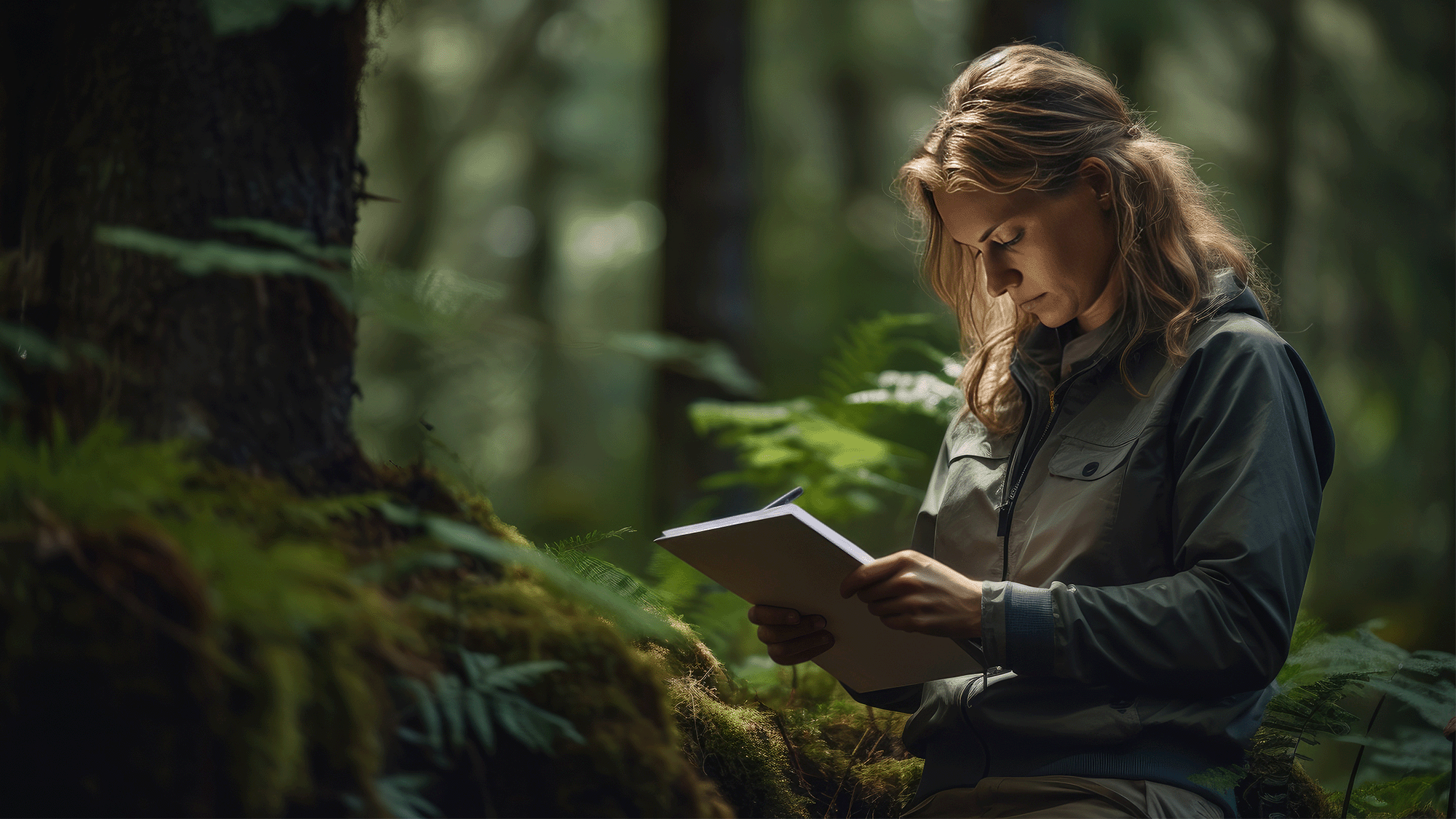 En kvinde i naturen kigger på en tablet